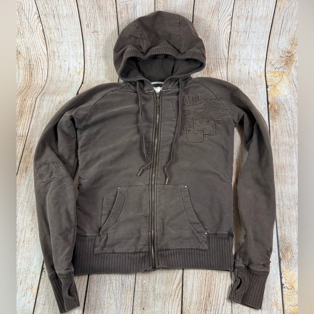 Vintage Y2K Fox Racing Fox Girls Brown Hoodie Jacket Zip Up Large